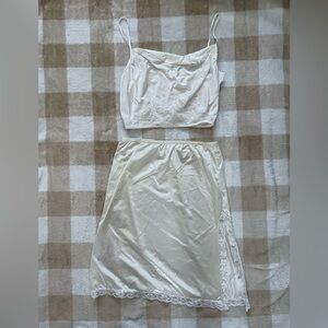 Vintage White Satin Lingerie Set Cami Strap Bra Top and Slit Lace Skirt small/me